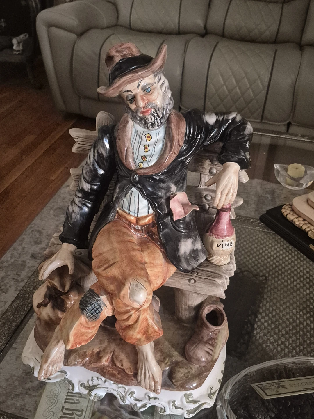 Ceramic Hobo Figurine Sitting on Bench - photo 3
