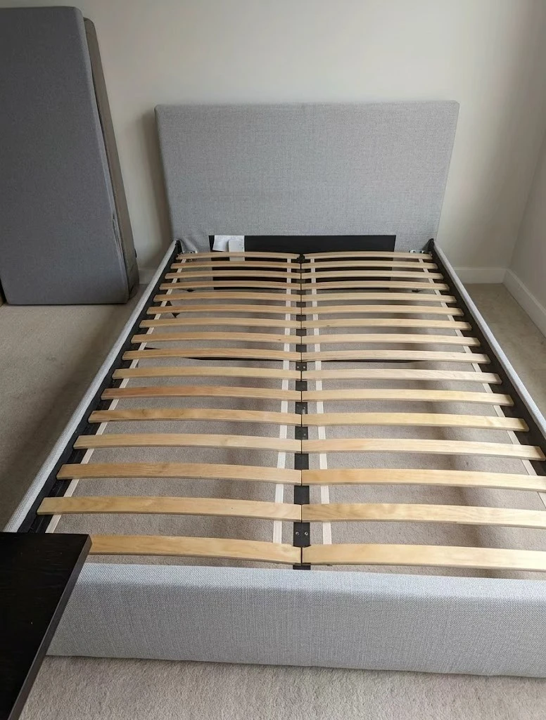 Grey Upholstered Bed Frame and Mattress