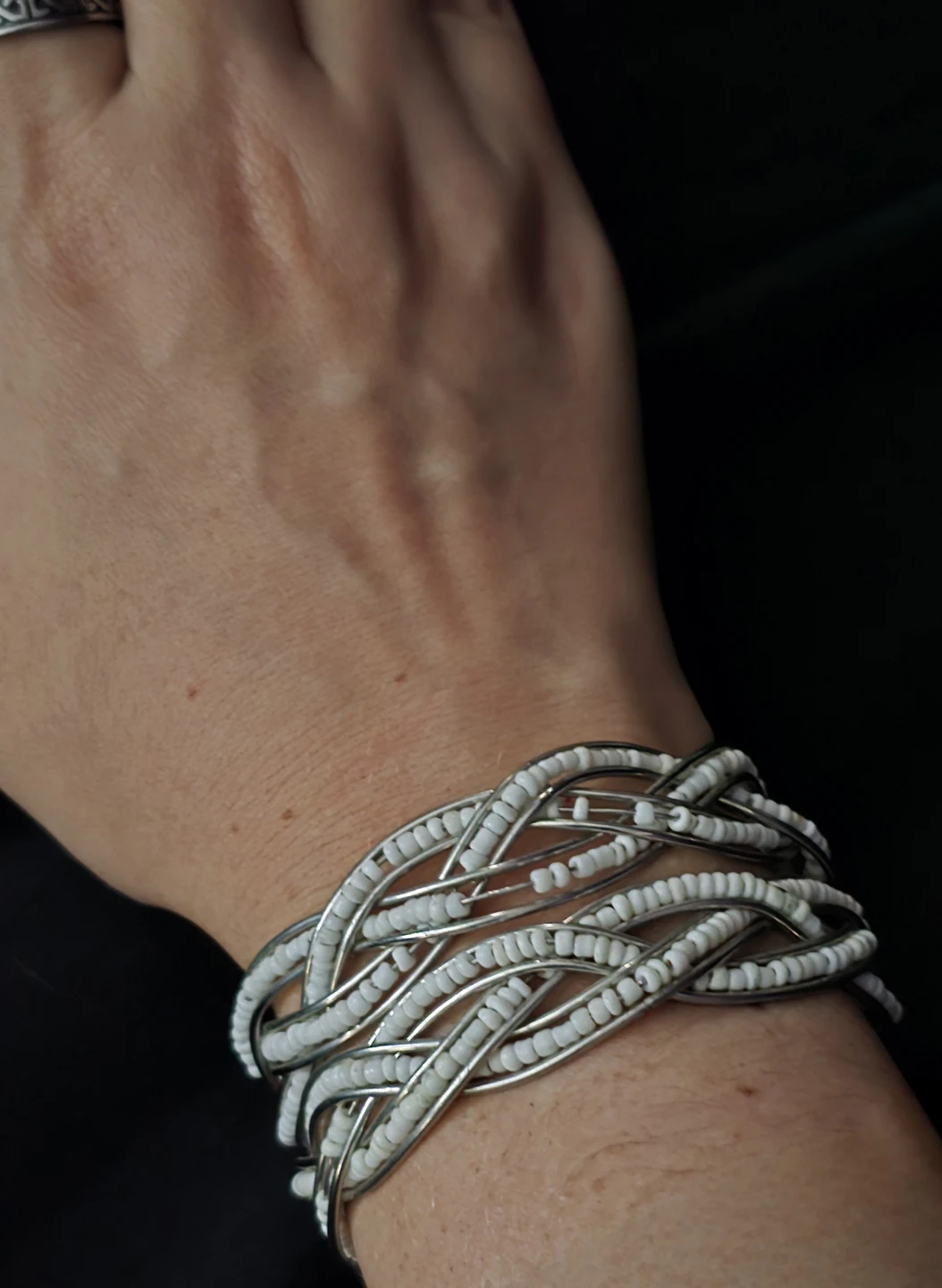 Adjustable White Beaded Woven Cuff Bracelet - photo 3