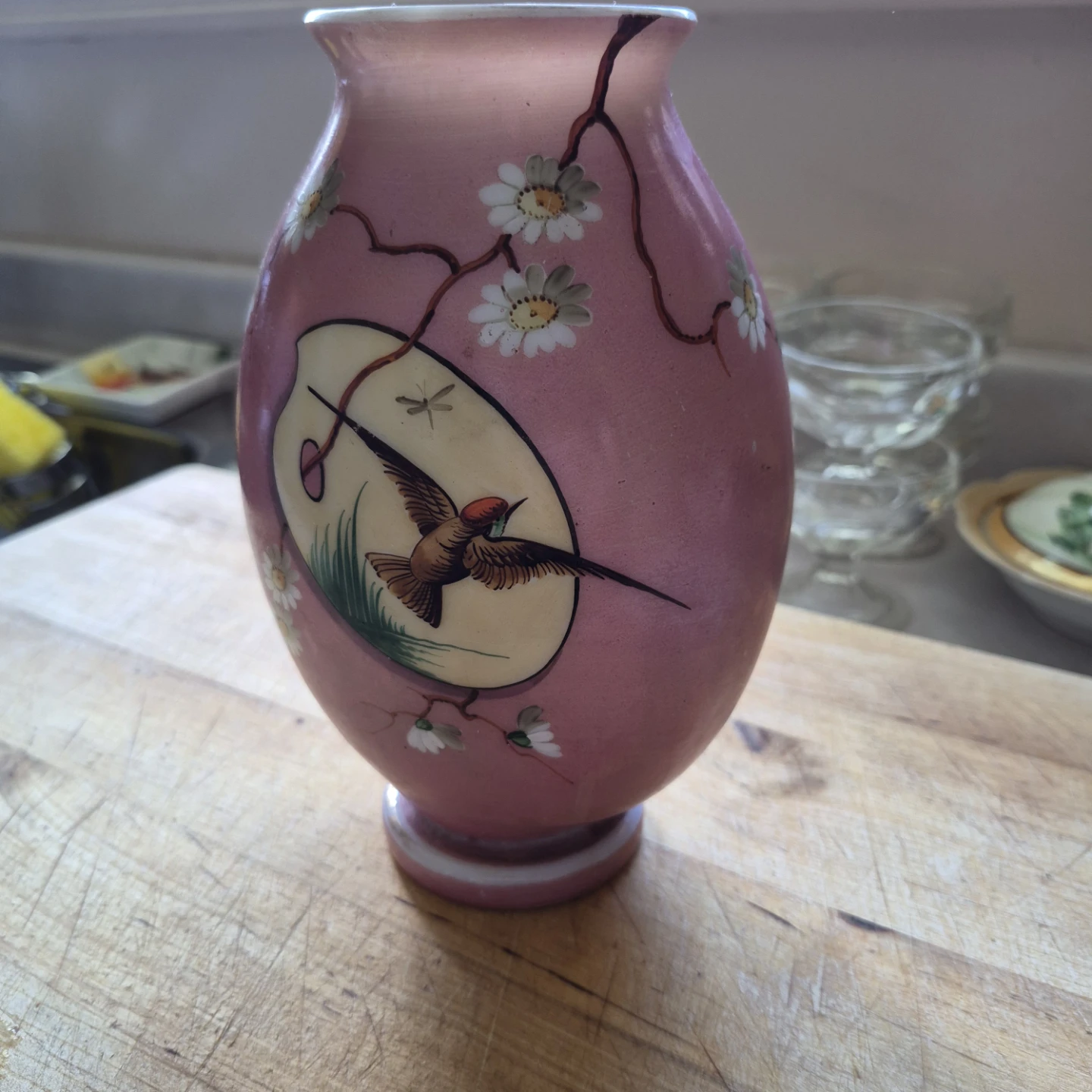 Vintage Hand-Painted Pink Floral Hummingbird Vase - photo 3