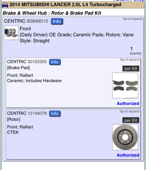 Centric Front Brake Rotor & Ceramic Pad Kit