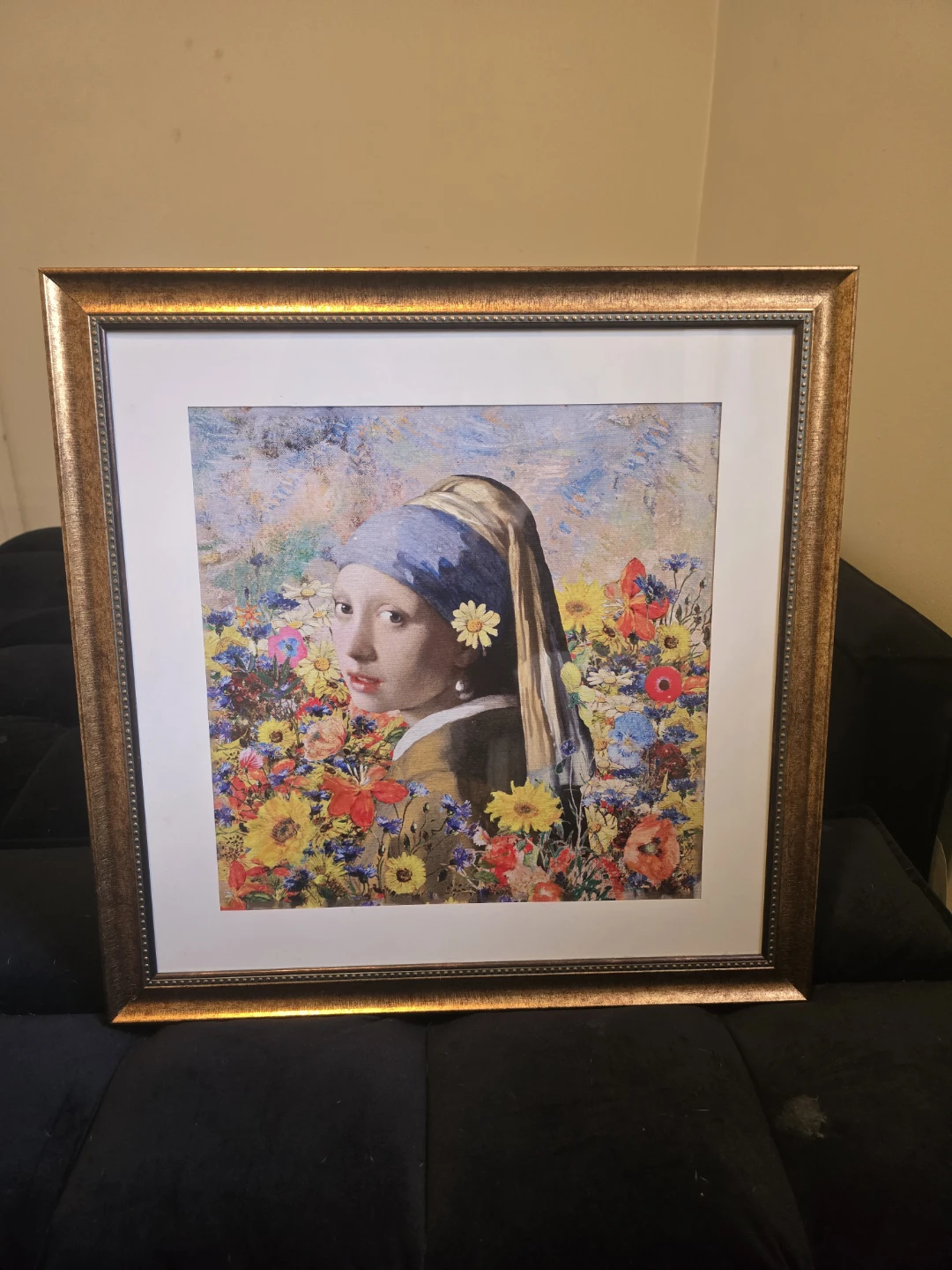 Girl with a Pearl Earring in a Flower Field - Framed Art Print