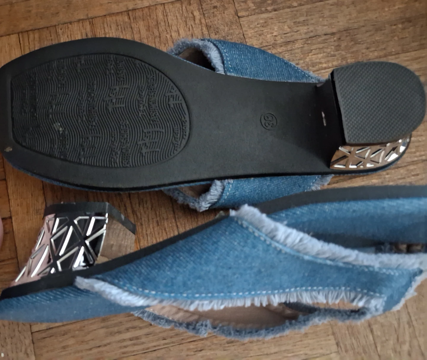 Denim Slide Sandals with Block Heels - Size 38