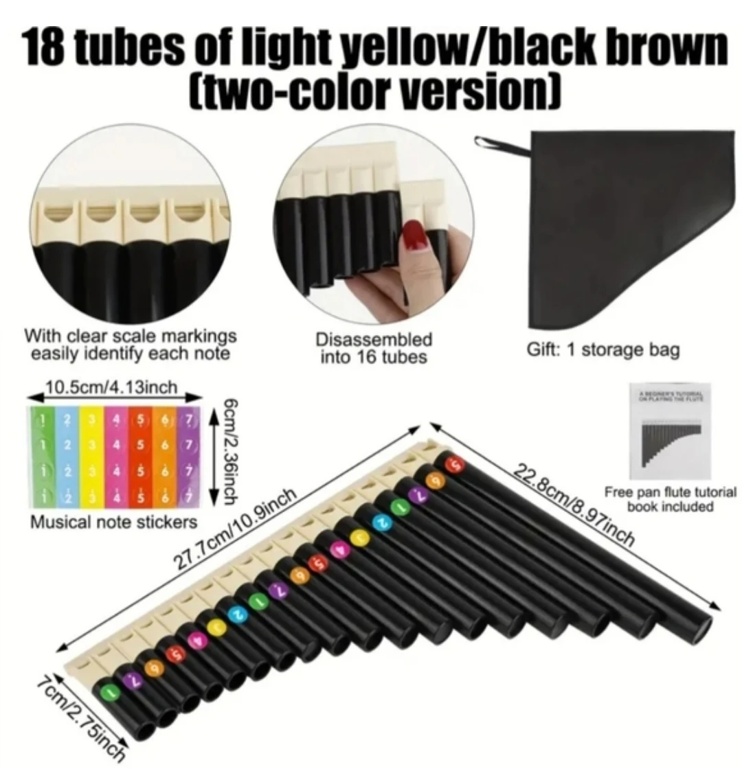 18-Tube Pan Flute - Light Yellow and Black - photo 3