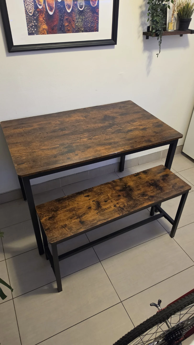 Wood & Metal Dining Table Set with 2 Benches