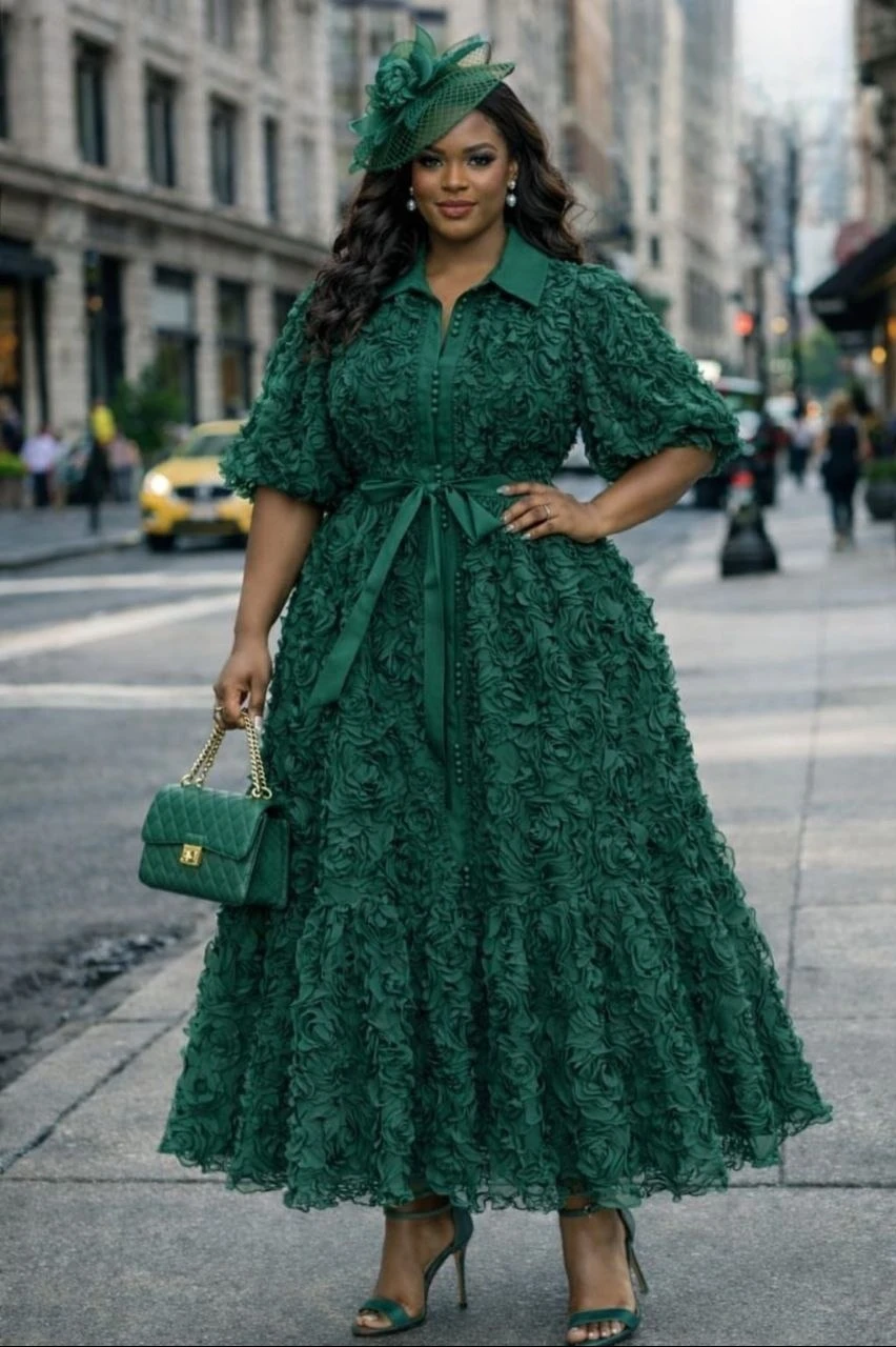 Dark Green Floral Texture Midi Dress