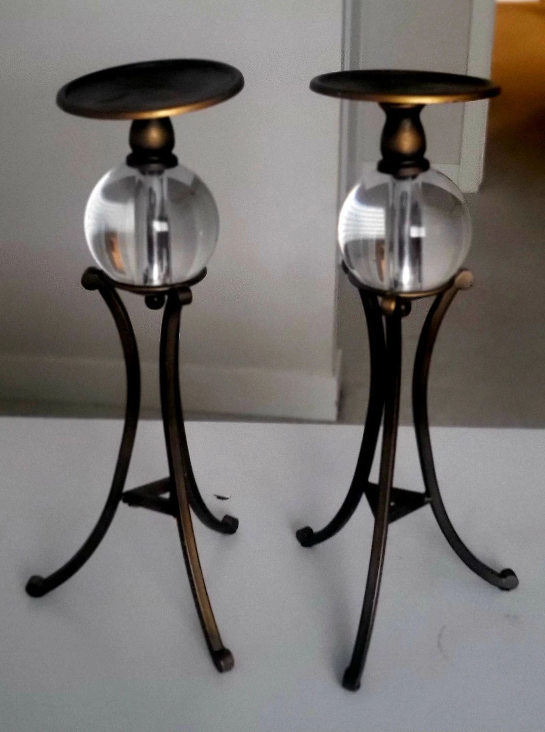 Set of 2 Bronze Metal & Glass Sphere Pillar Candle Holders - 14" - photo 2
