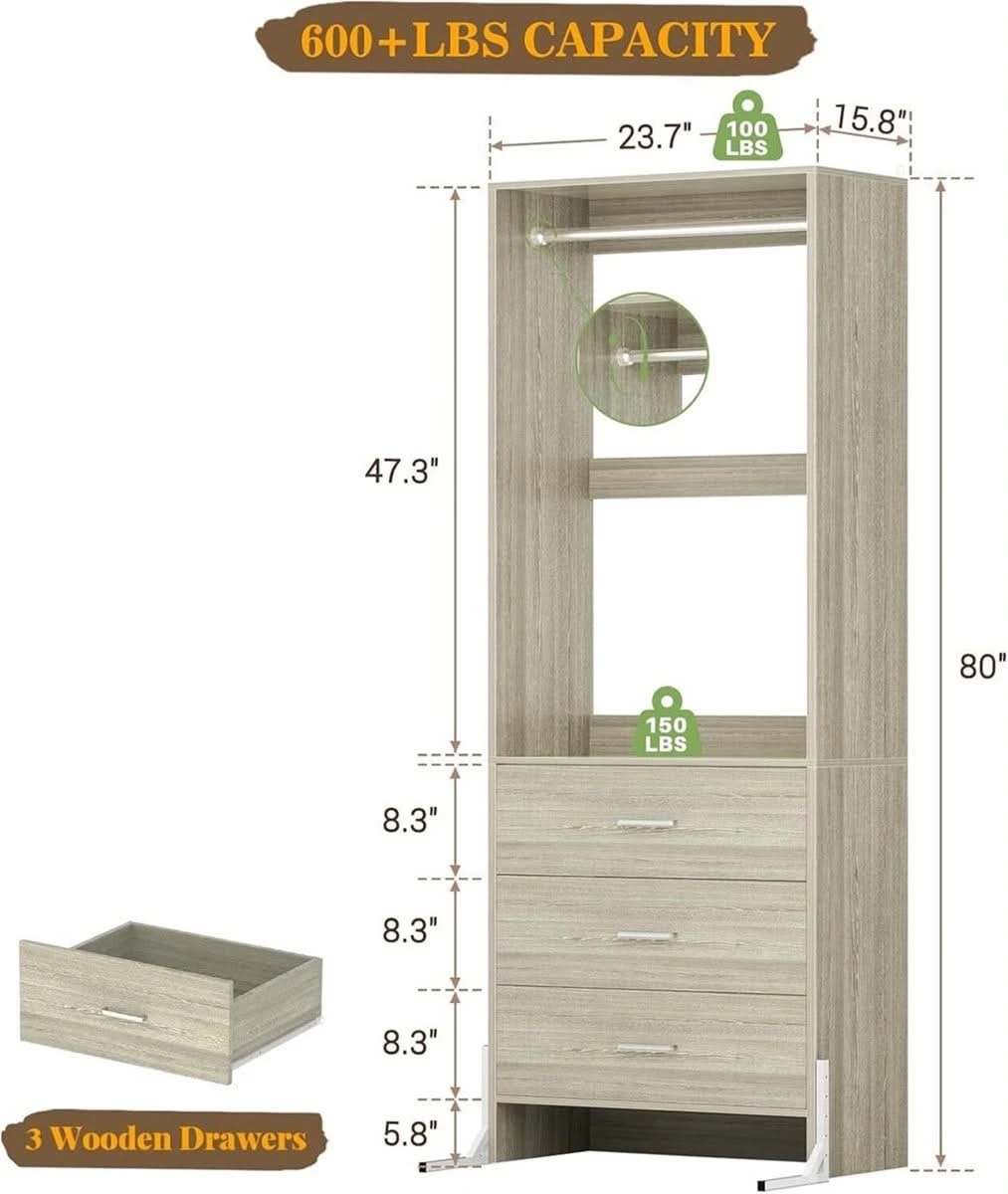 Closet Organiser with 3 Drawers and Hanging Rod