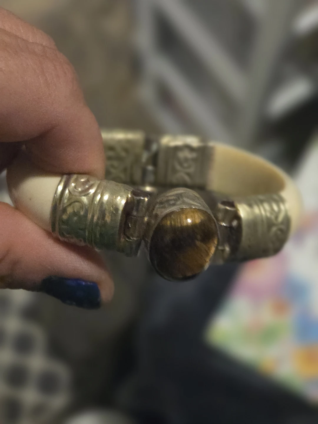 Tiger Eye and Silver Tone Hinge Bangle Bracelet - photo 2