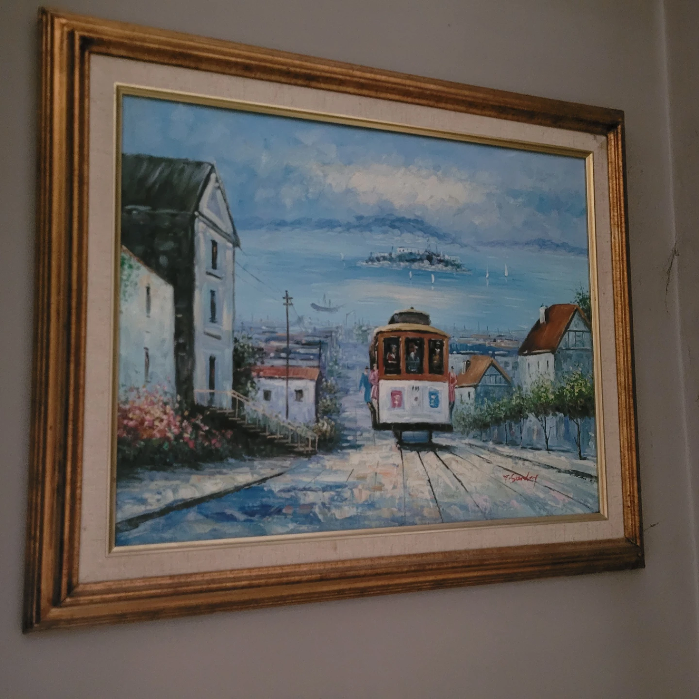 Framed San Francisco Cable Car Oil Painting