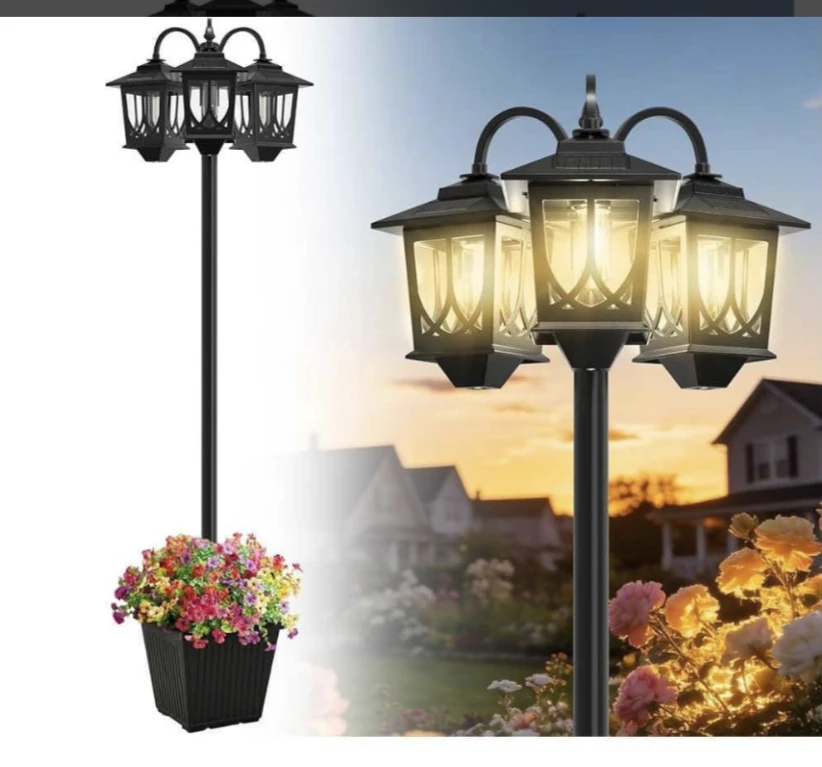 Solar 3-Head Street Lamp with Planter Base