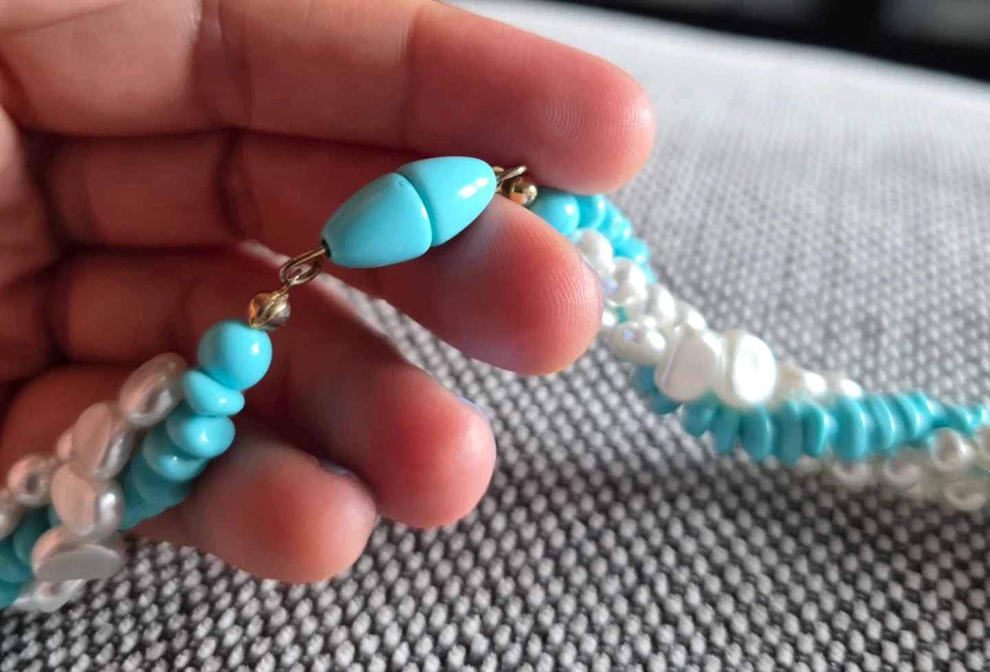 Beaded Necklace - White Faux Pearls & Turquoise - photo 5