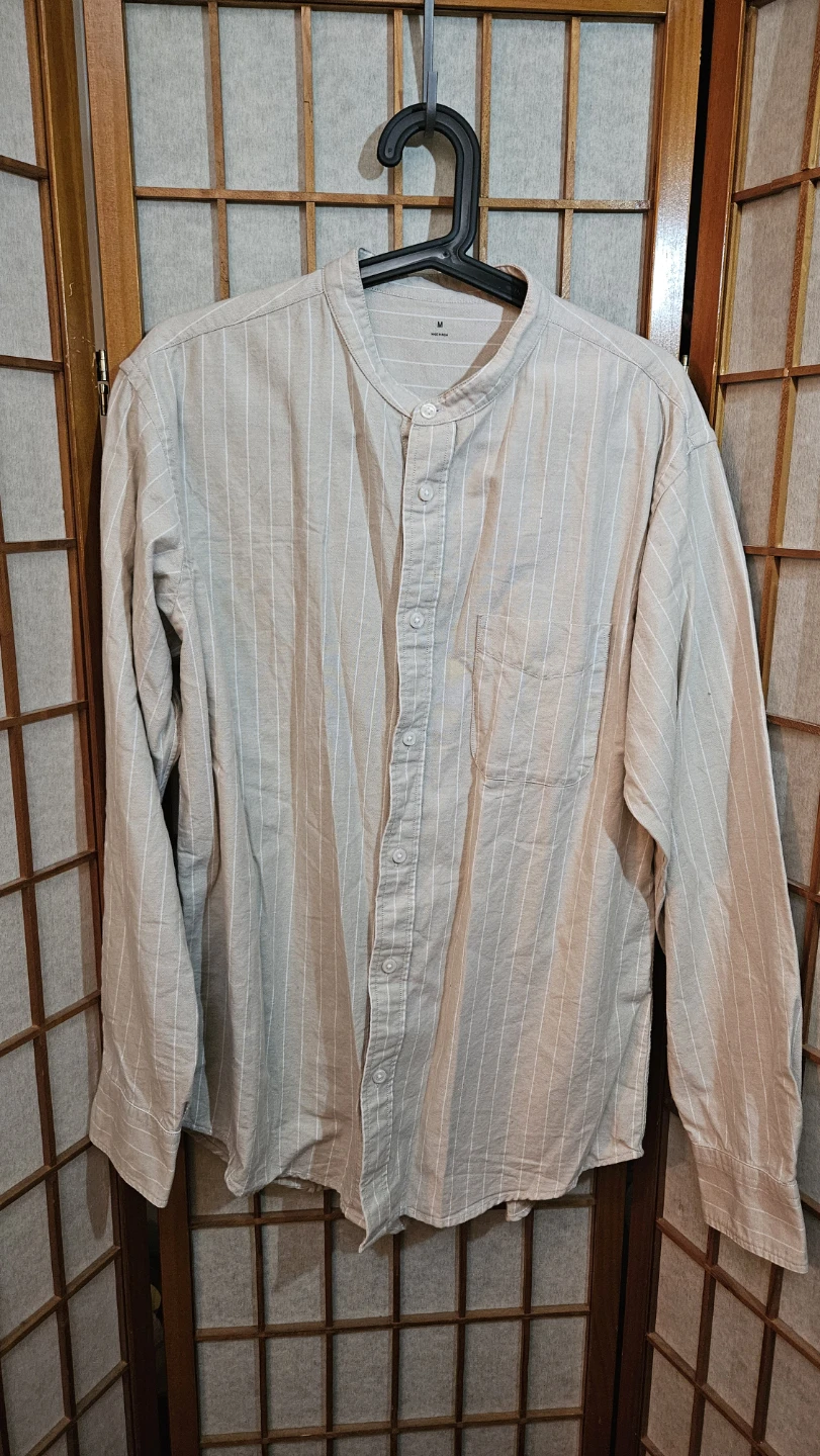 Muji Men's Beige Striped Mandarin Collar Button-Up Shirt - photo 2
