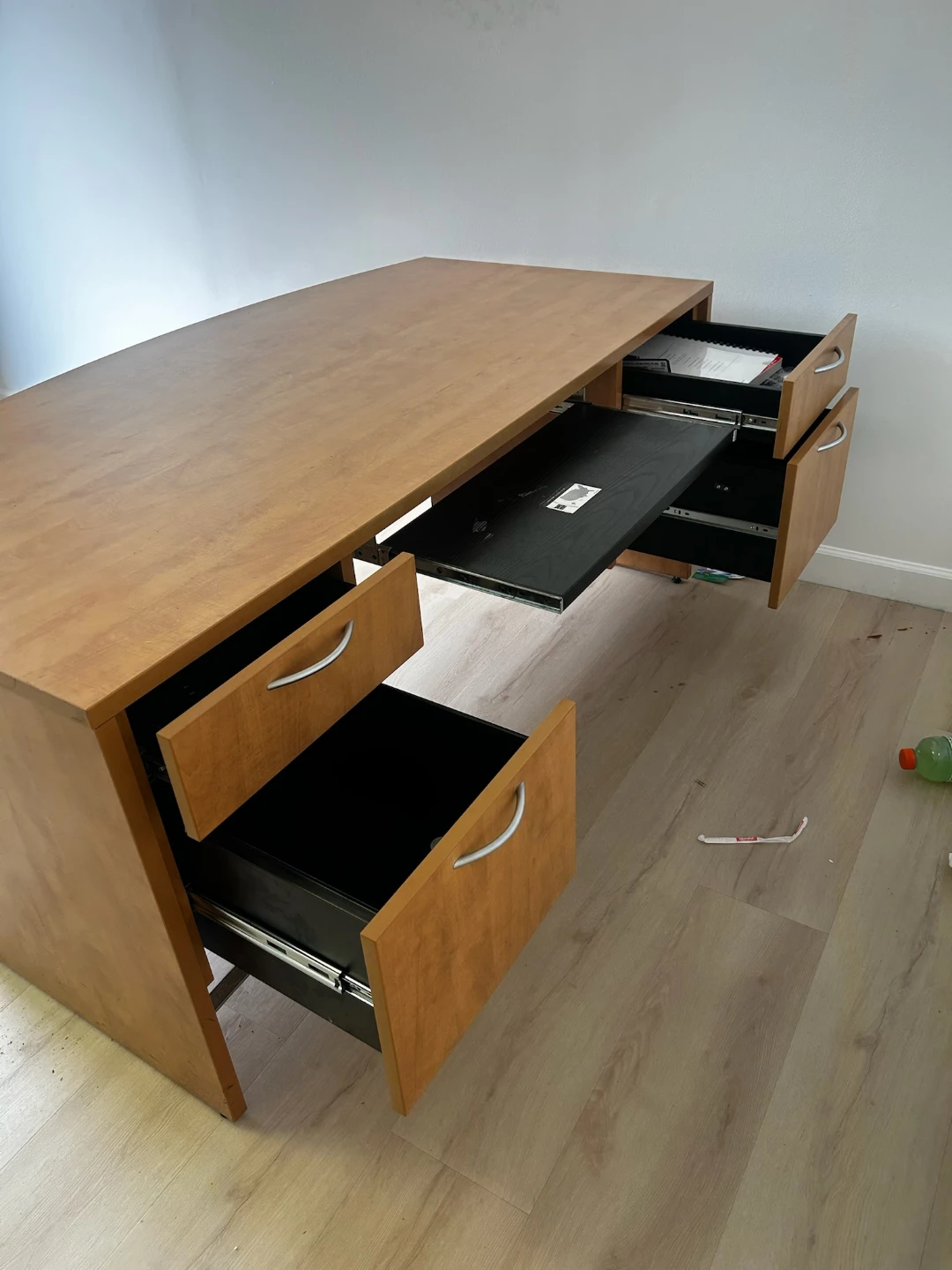 Large Wood Finish Desk with Drawers