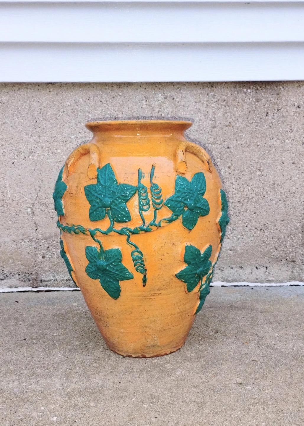 RUSTIC CLAY VASE WITH GREEN LEAF DESIGN