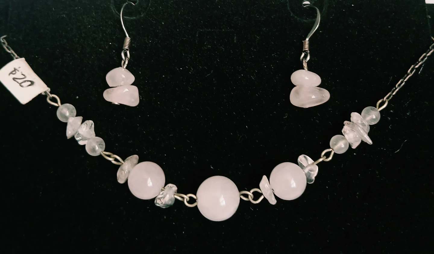 Rose Quartz Bead Necklace and Earring Set