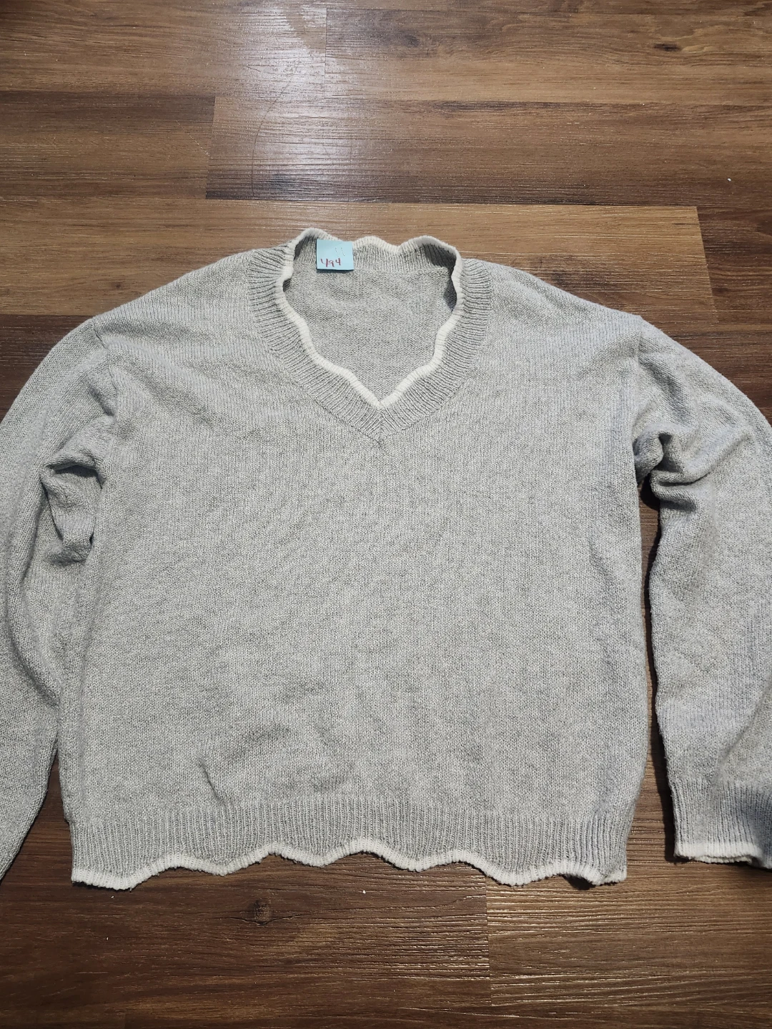 Gray V-Neck Scalloped Hem Sweater