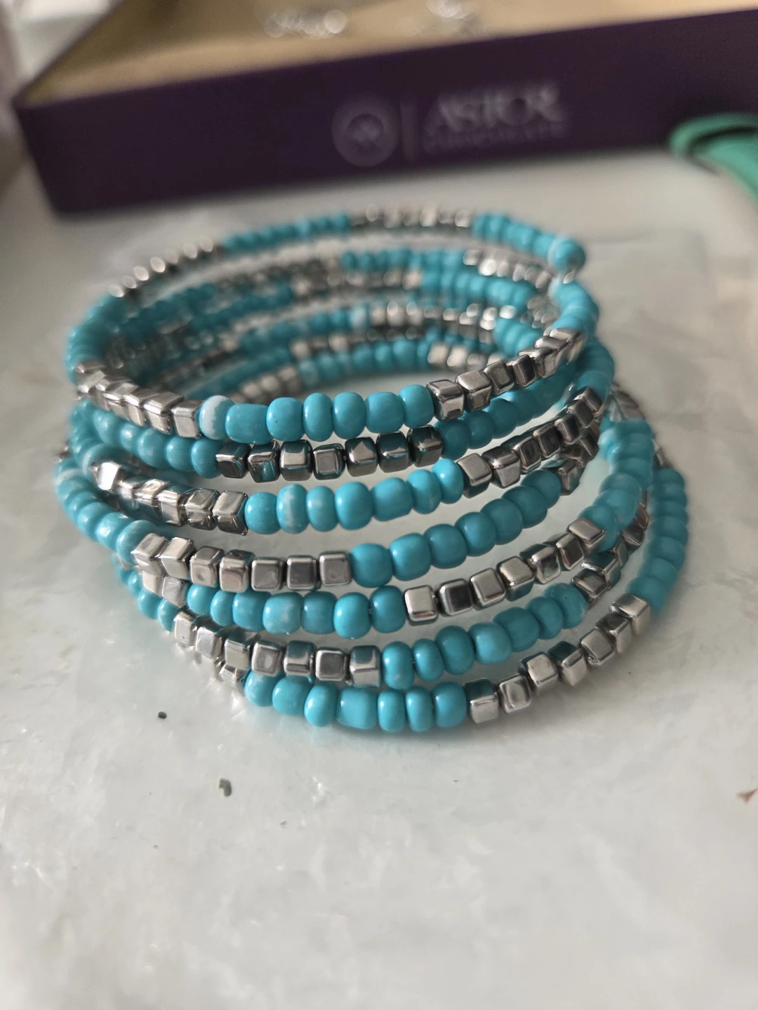 Turquoise and Silver Beaded Coil Bracelet - photo 2