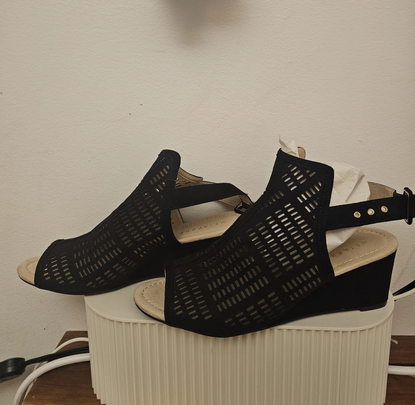 9.5 Metaphor Black Laser Cut Wedge Sandals