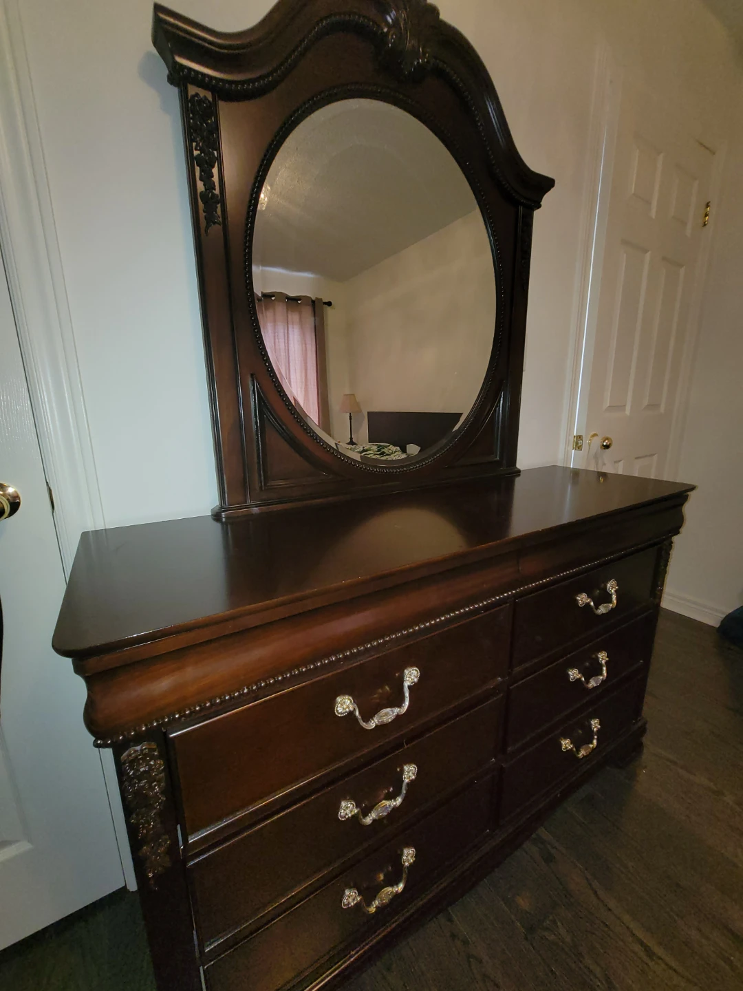 Dark Wood Bedroom Set - Headboard & Dresser - photo 3