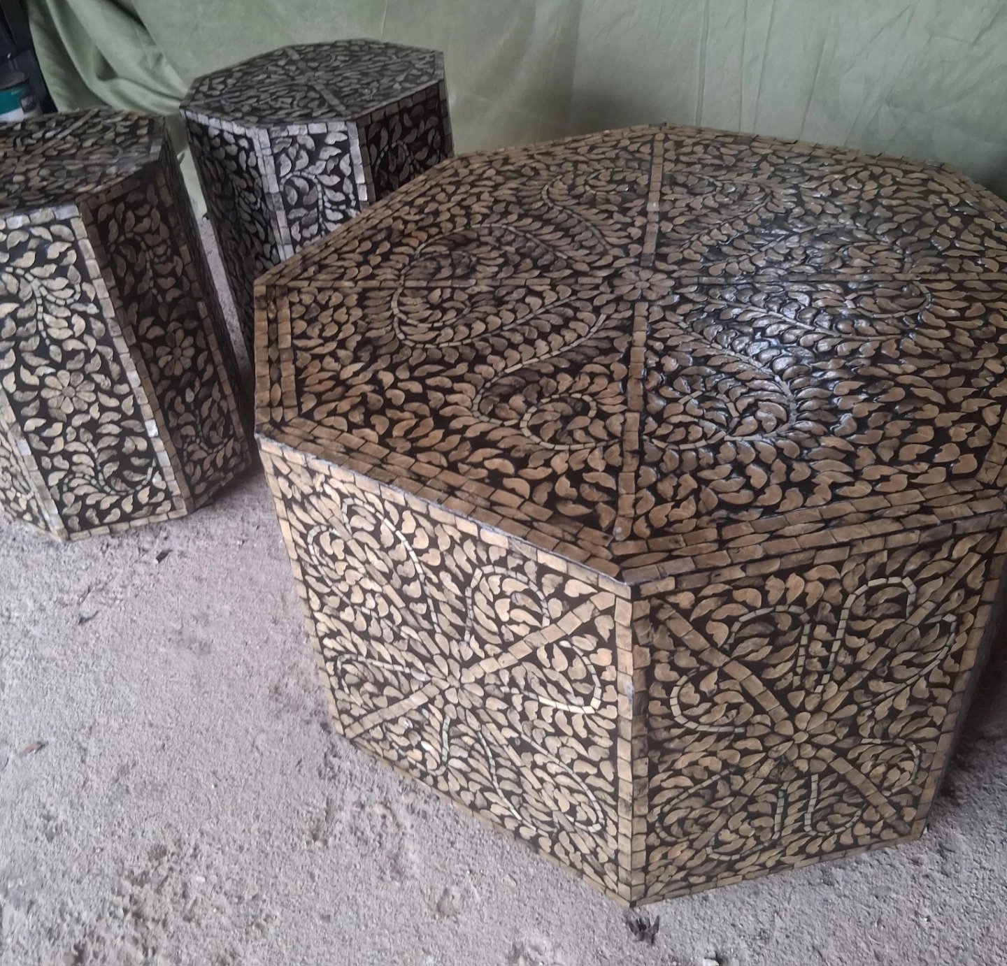Set of mother of pearl mosaic coffee table and side tables