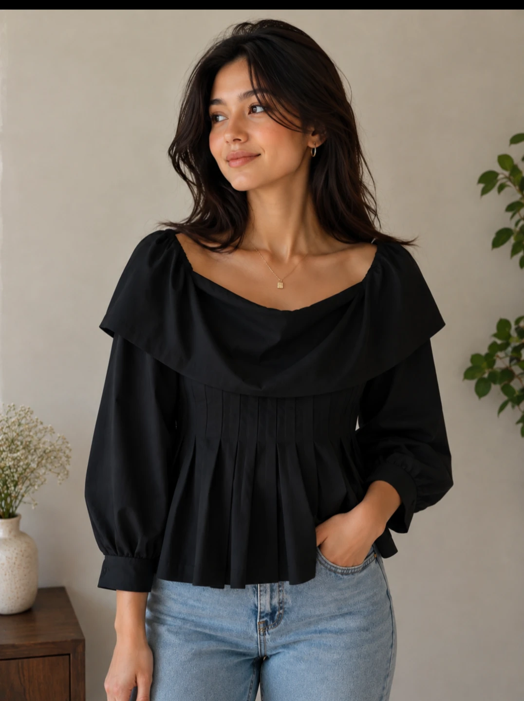 🏈New Black Pleated Off-Shoulder Blouse