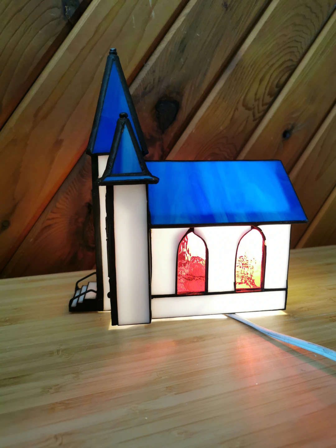 Vintage Stained Glass Chapel Church Light Lamp Blue Double Tower - photo 3