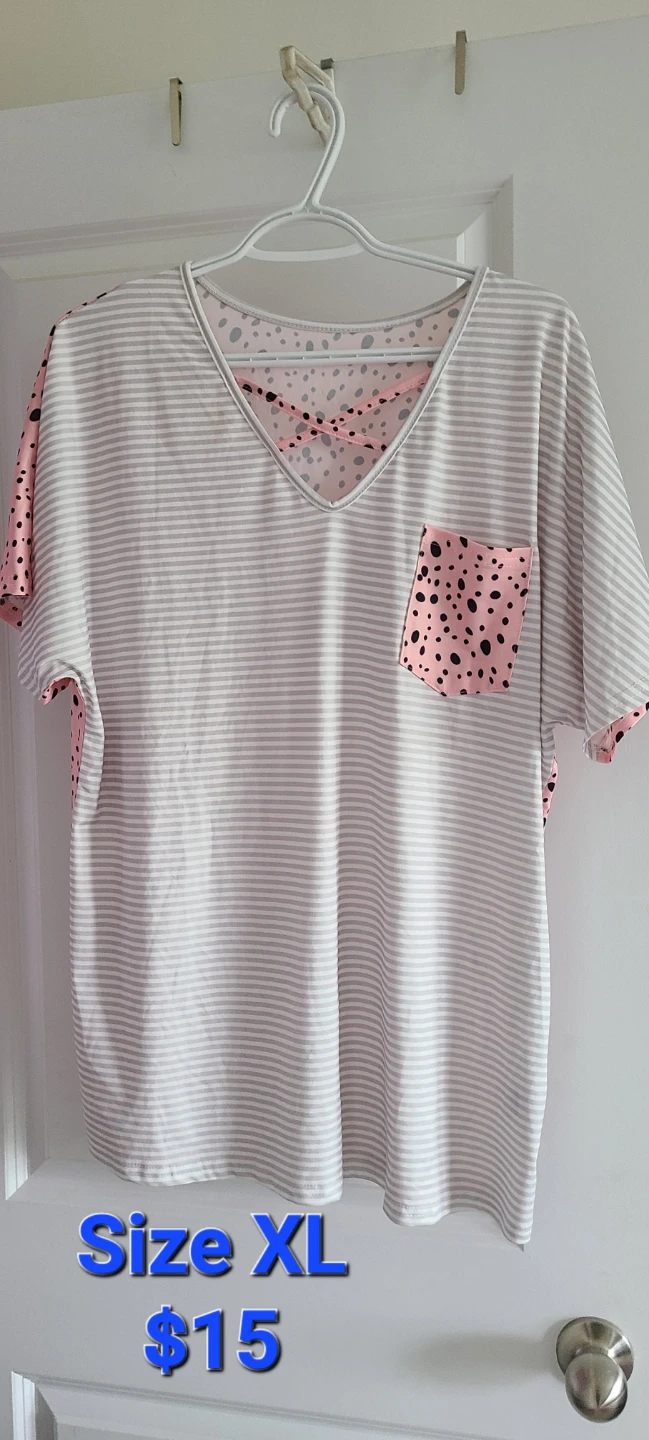 Striped V-Neck T-Shirt with Pink Polka Dot Detail