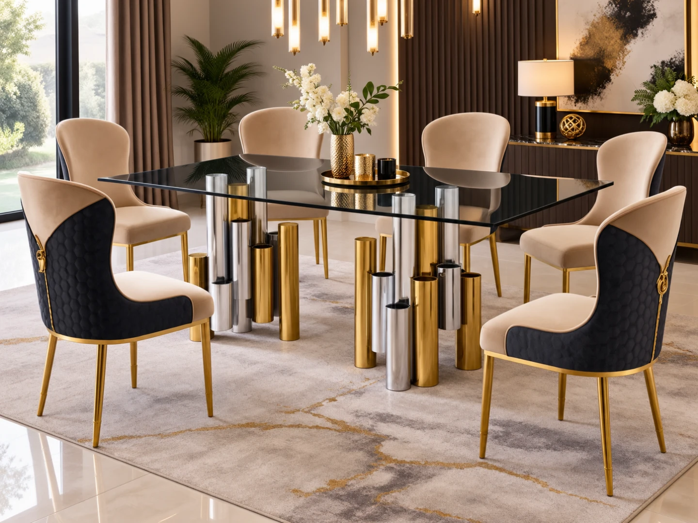 Modern Dining Chair with Quilted Back and Gold Legs
