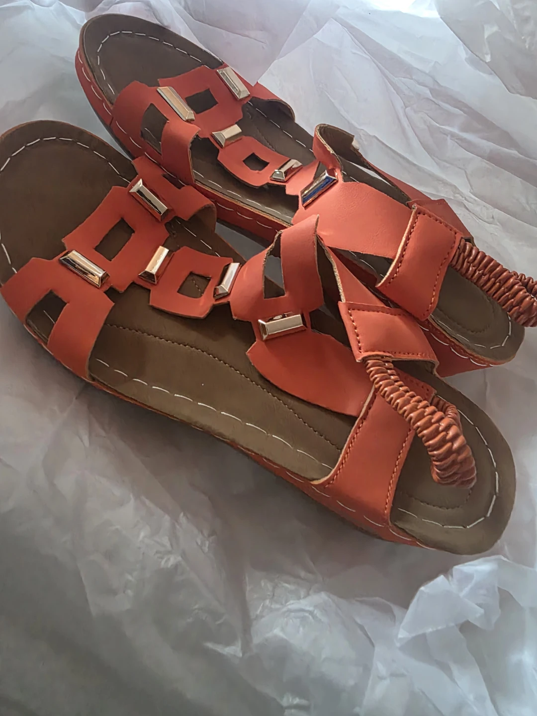 Coral Gladiator Sandals with Gold Accents