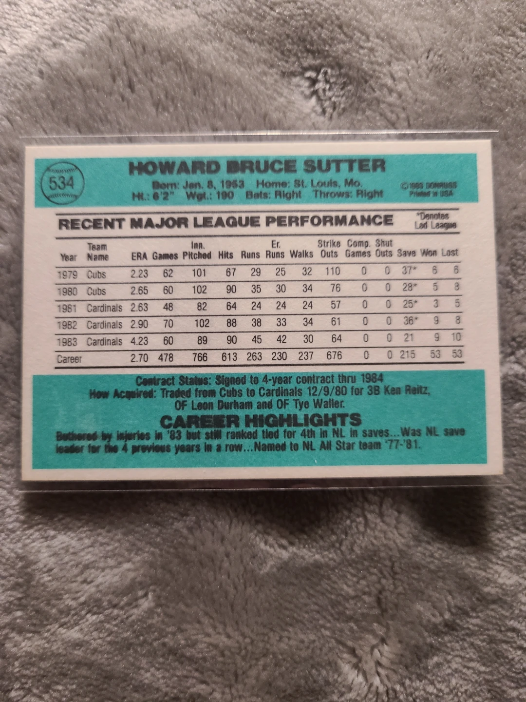 1984 Donruss Bruce Sutter Baseball Card #534 - photo 2