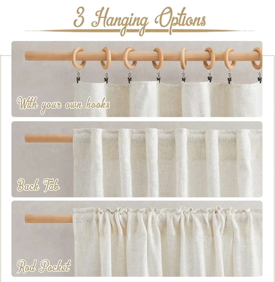 Short Linen-Look Semi-Sheer Curtains (Set of 2) - photo 2