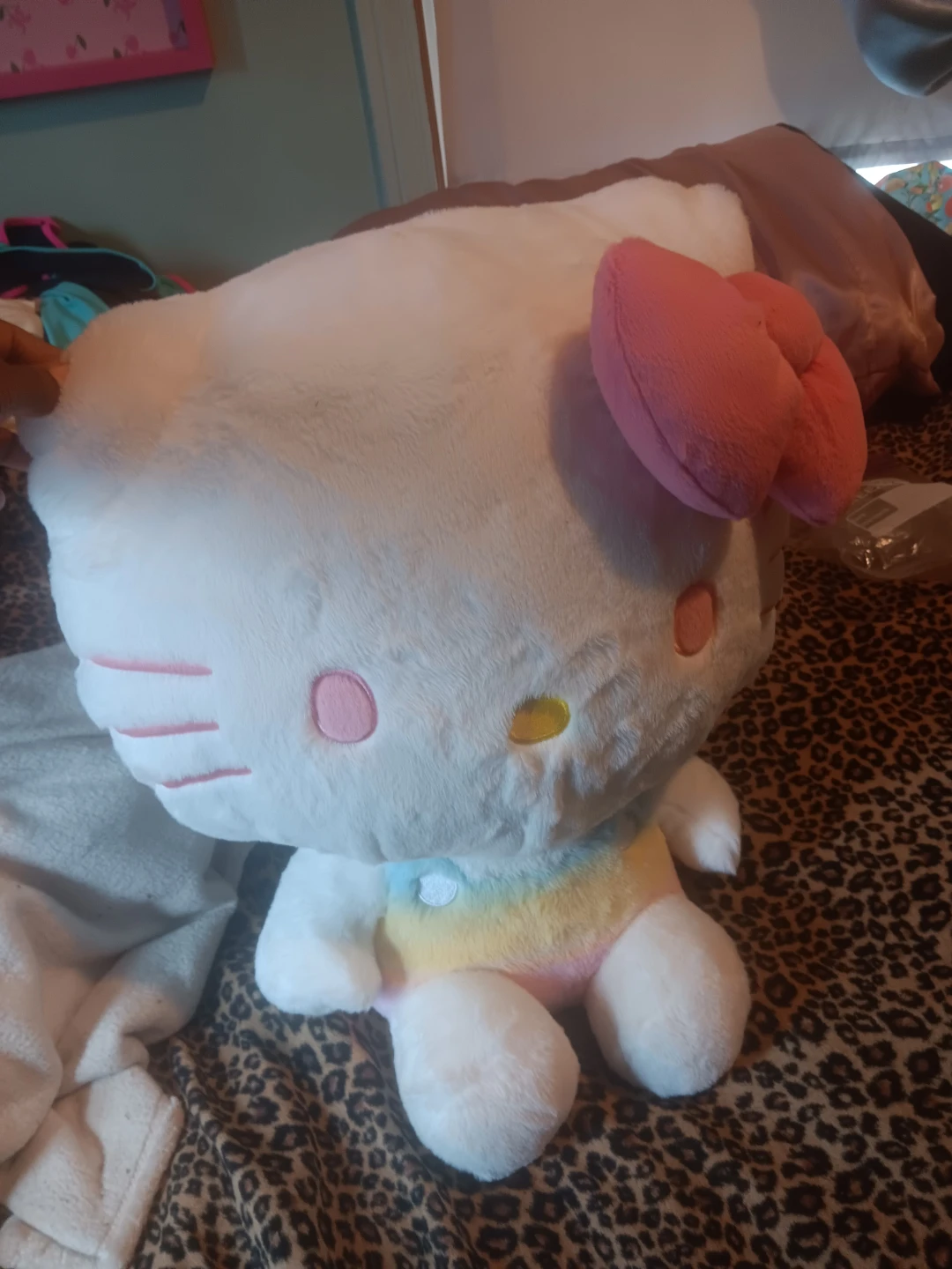 Large White Hello Kitty Plush with Rainbow Belly
