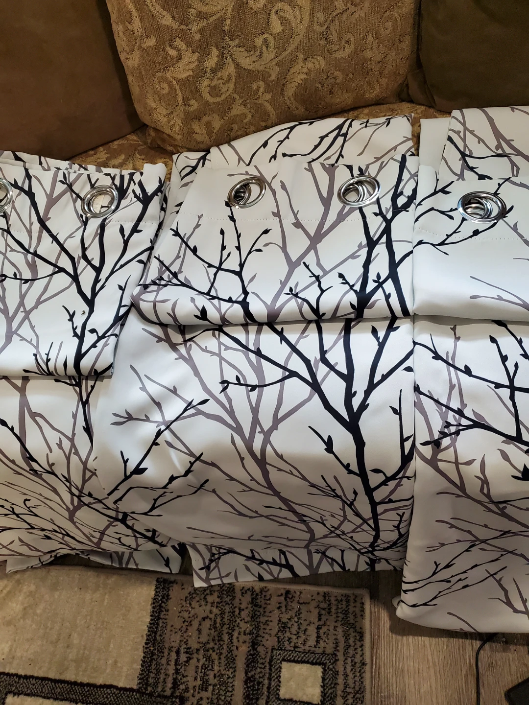 Black / Grey white tree branch print curtains - photo 4