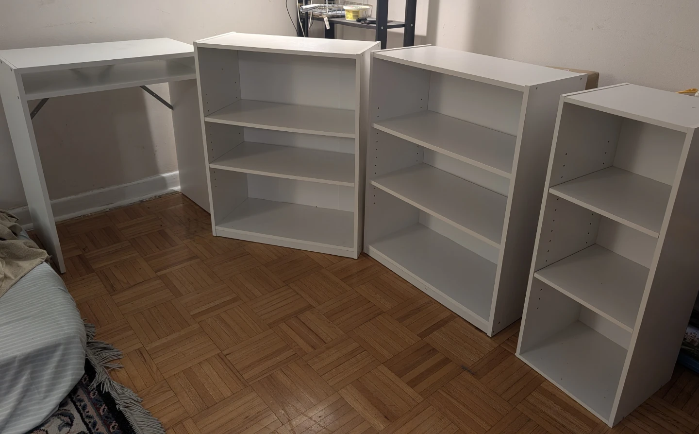 Three White  Bookcases + 1 study table