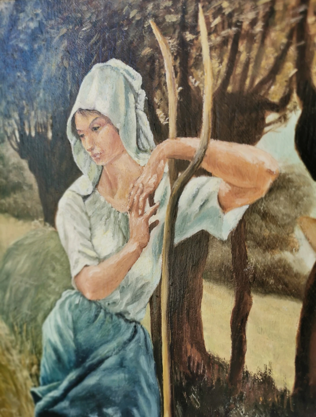 Vintage Hand-Painted European Harvest Scene Oil Painting - photo 4