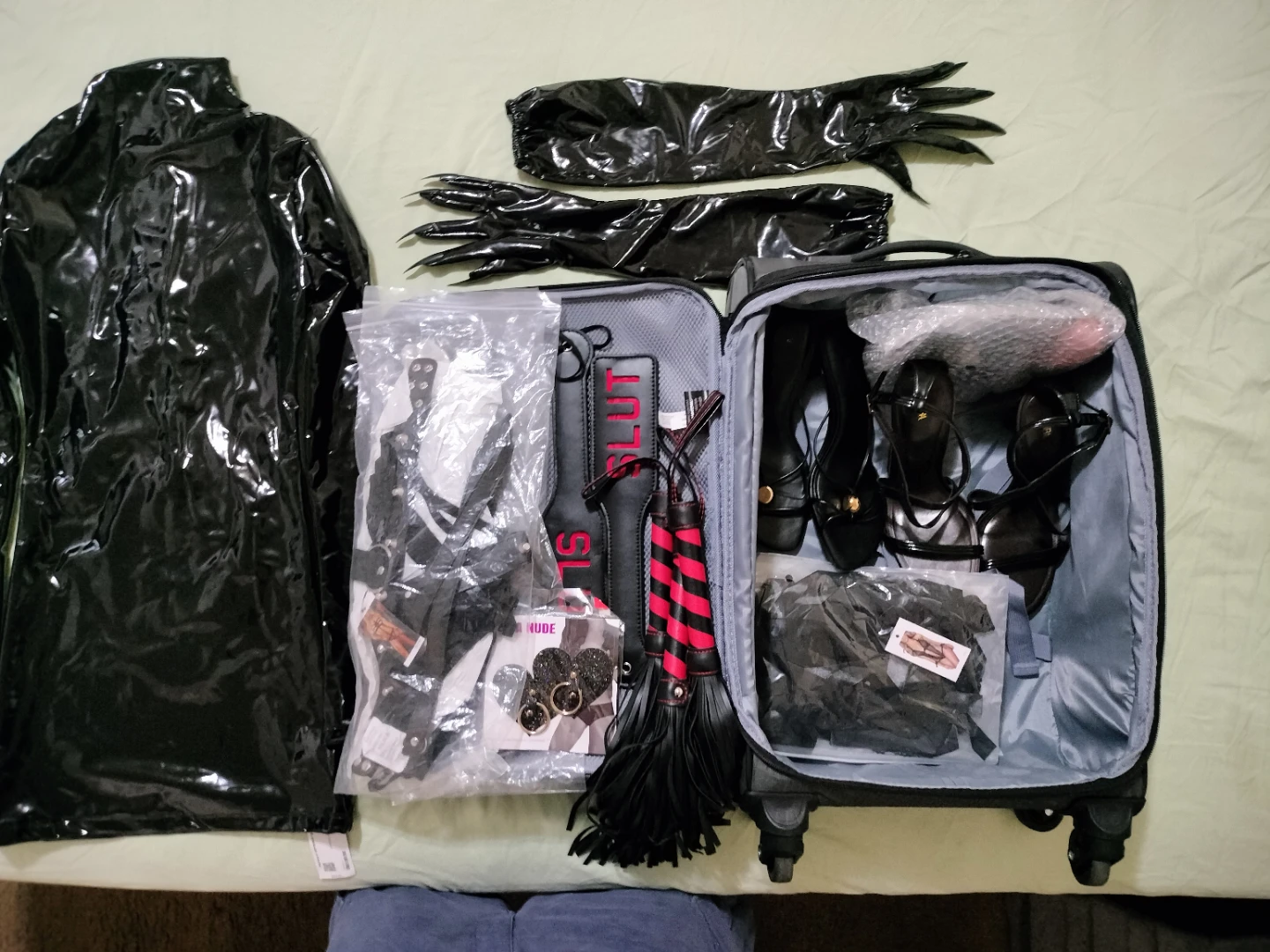 Black Vinyl sexual Costume with sex toys & Accessories Set - photo 3