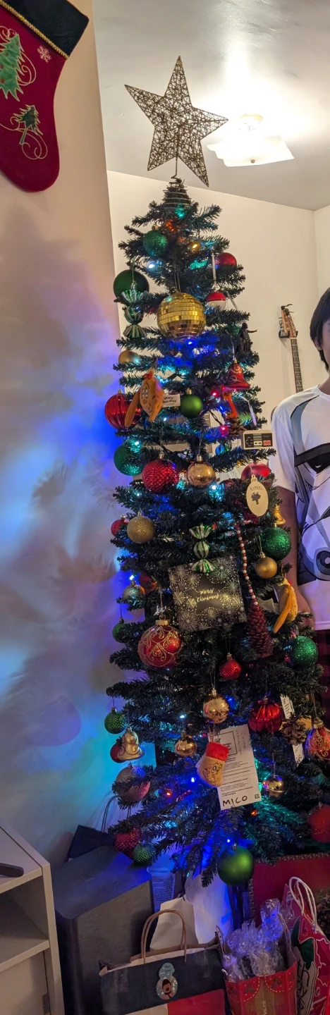 Slim Christmas tree with ornaments and lights - photo 2