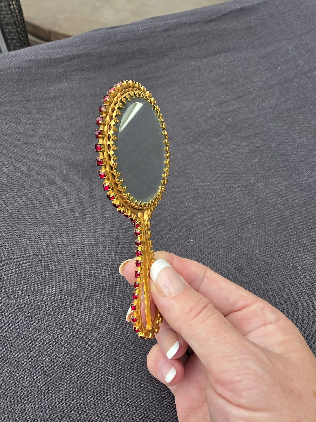 Vintage Gold Tone Hand Mirror with Red Rhinestones - photo 2