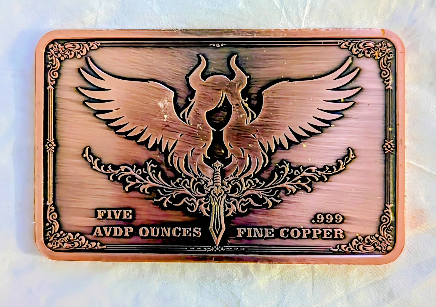 5 oz .999 Fine Copper Bar with Winged Design