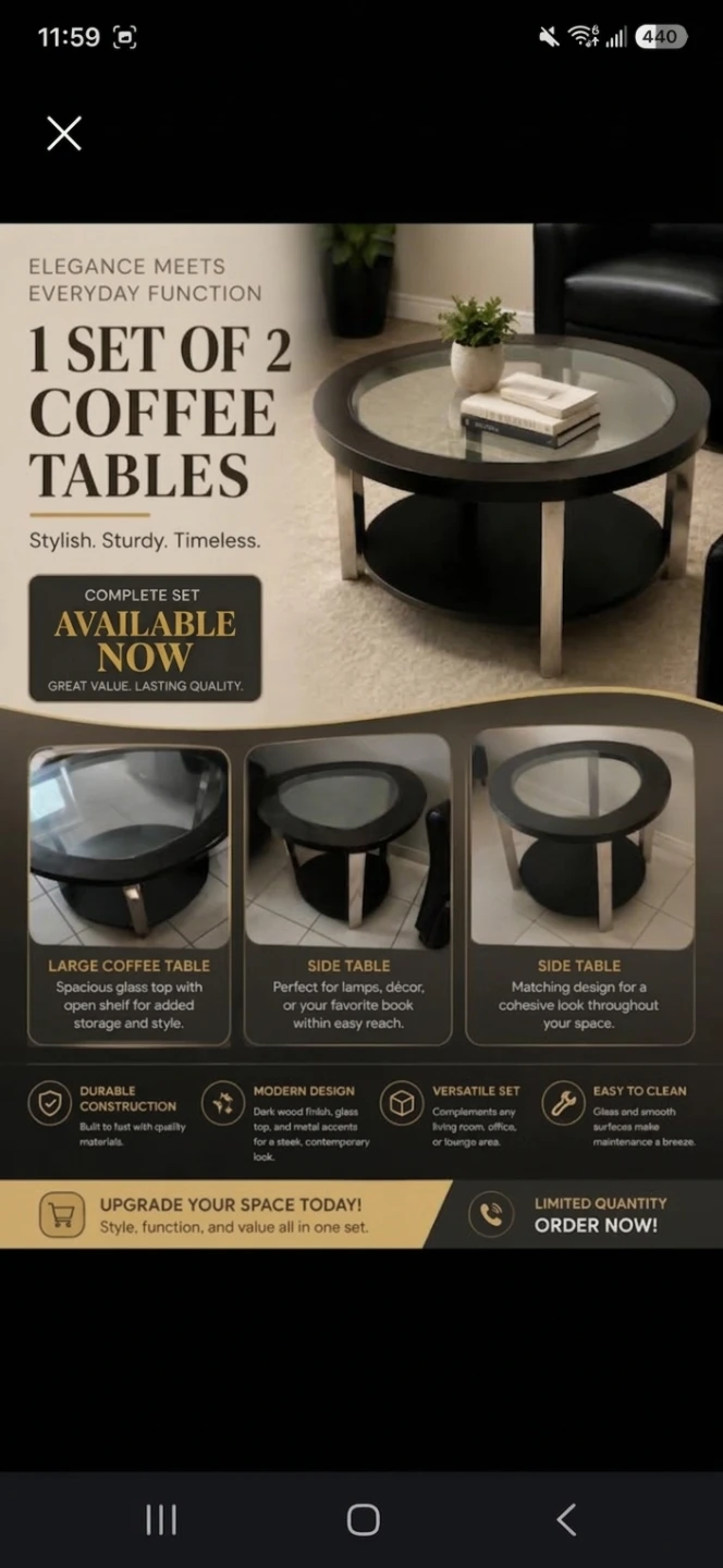 Set of 2 Coffee Tables with Glass Top