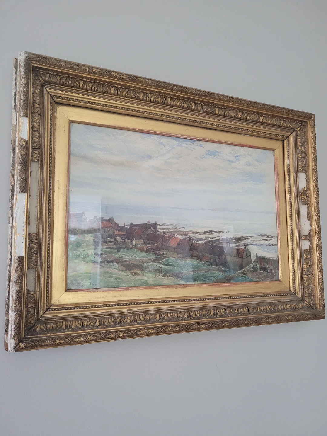Framed oil painting of Coastal Village in Scotland