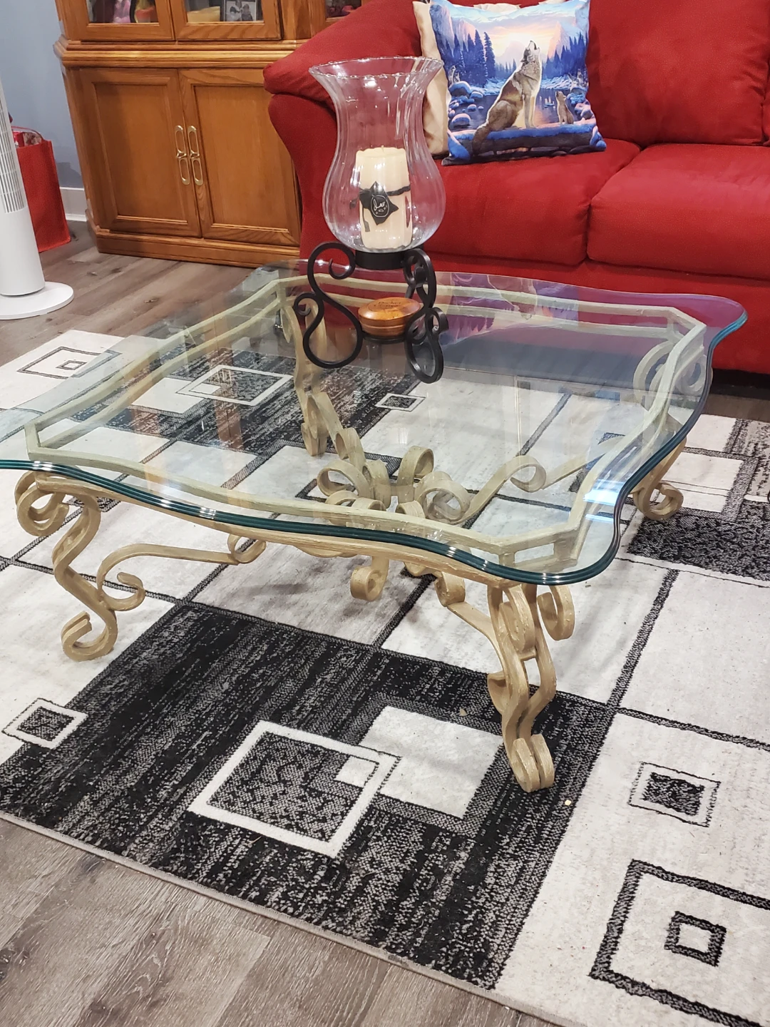 Wrought Iron Glass Top Coffee Table with Ornate Metal Base