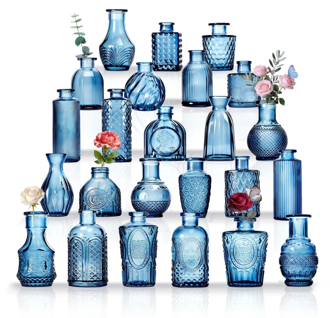 Set of 24 Vintage-Style Blue Glass Vases
