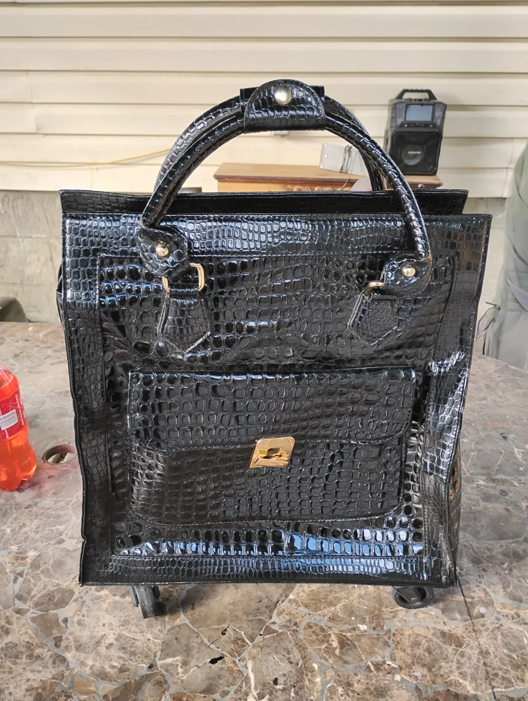 Black Croc-Embossed Rolling Tote Bag