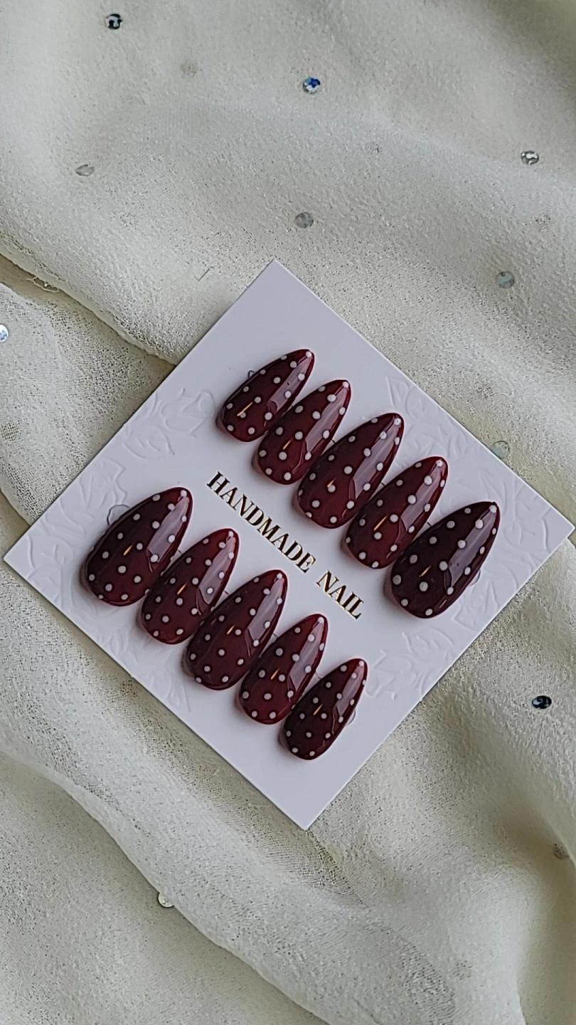 Handmade Almond Press-On Nails - Maroon Polka Dot - photo 2
