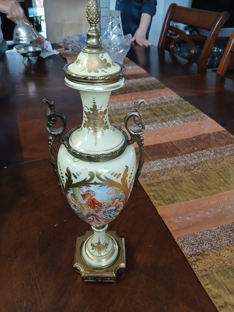 Antique Sèvres-style hand-painted porcelain covered urn