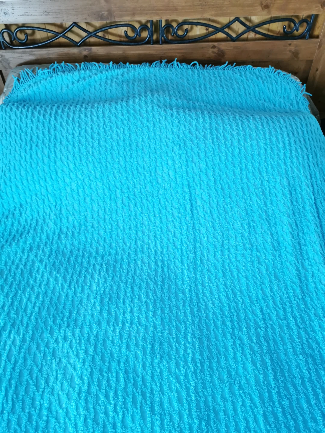 Vintage Aqua Turquoise Chenille Tufted Fringe Throw Bedspread - photo 3