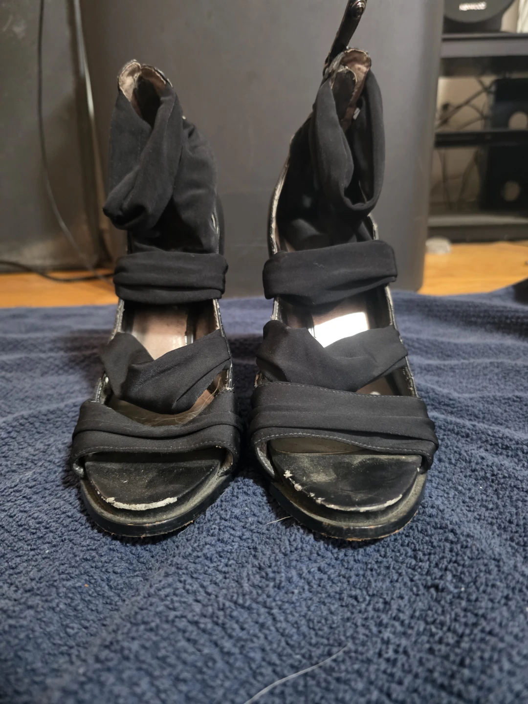 Black Fabric Open-Toe Heels