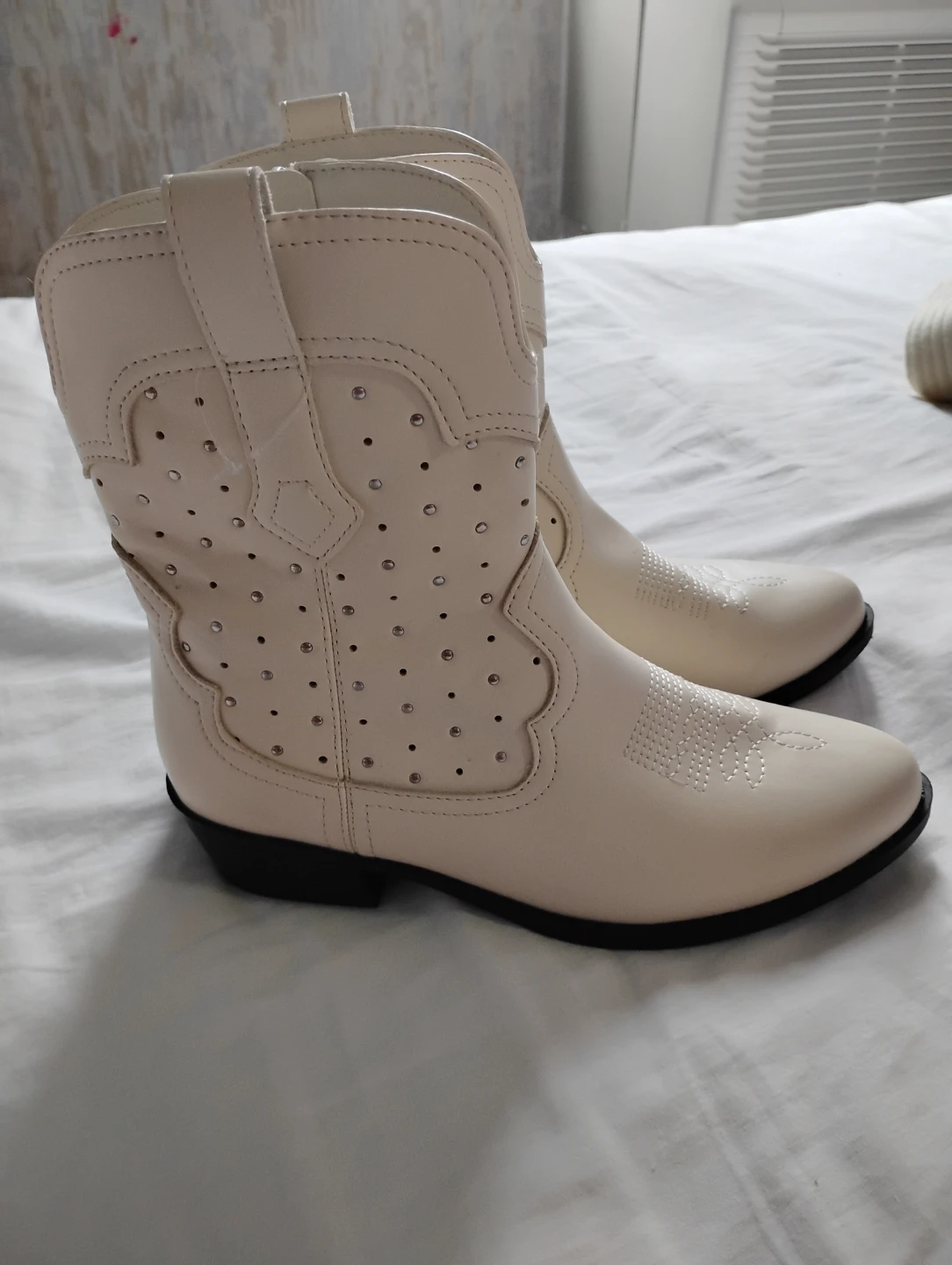 Cream Studded Western Ankle Boots - photo 2